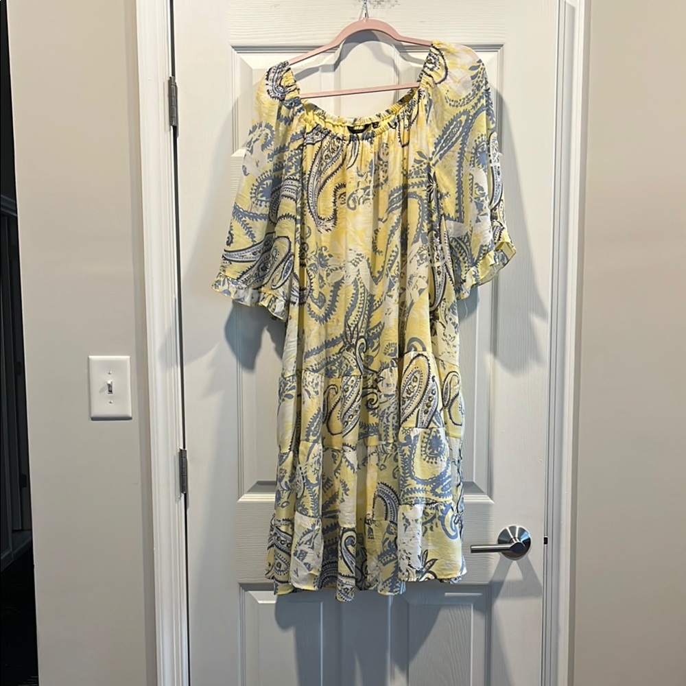 Mile Gabrielle Soft Yellow and Blue Scoop Neck‎ Midi Sundress Size 2X